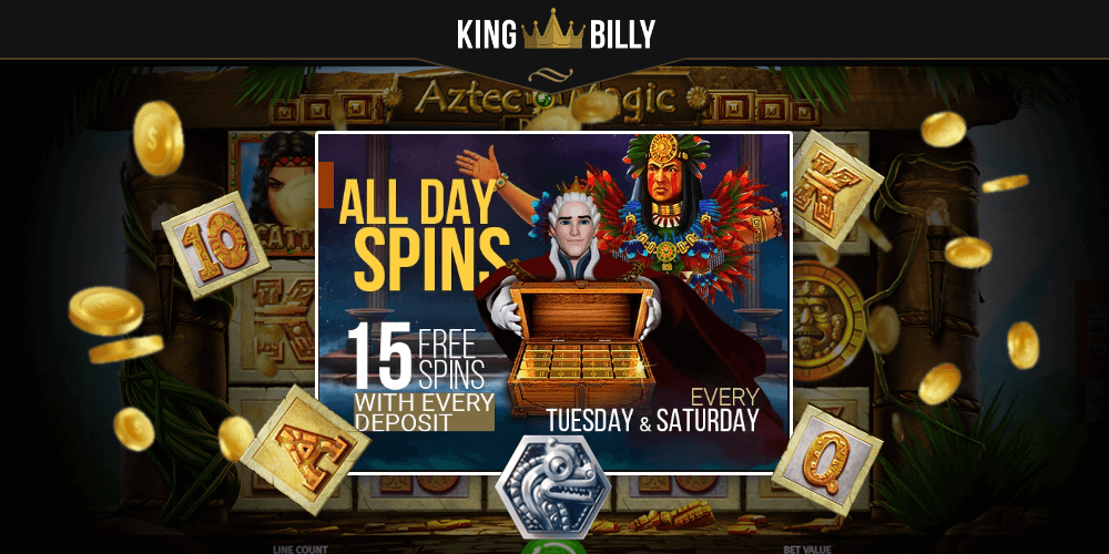 By making a deposit on Tuesday and Saturday and entering the promotional code you will receive free spins from King Billy Casino
