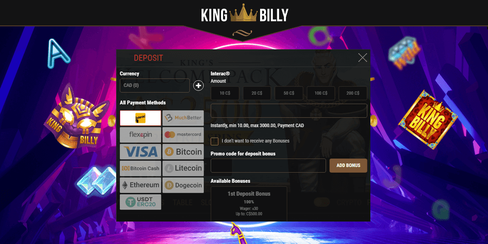 To make a deposit to King billy Casino Canada, follow the step-by-step instructions below