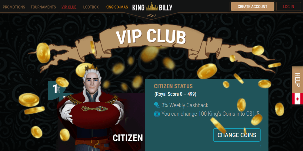 King Billy Casino have developed a loyalty system – VIP Club with several levels
