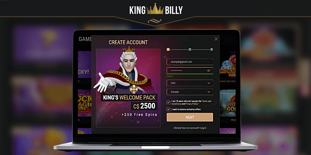 To start playing at King Billy Casino users from Canada need to create an account