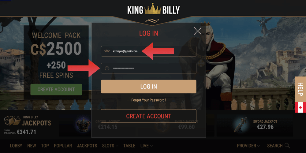 To log in to your King Billy account, you must use the username and password you provided during registration