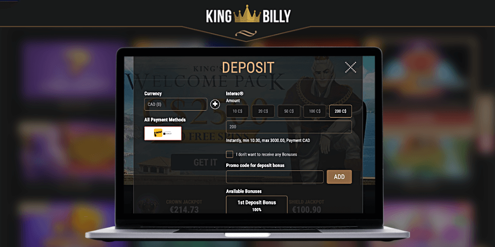 To start playing at King Billy Casino for real money, you need to fund your account balance