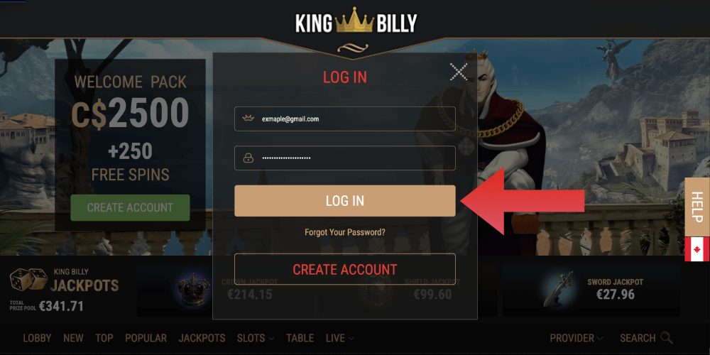To confirm logging in to your King Billy account, click the appropriate button